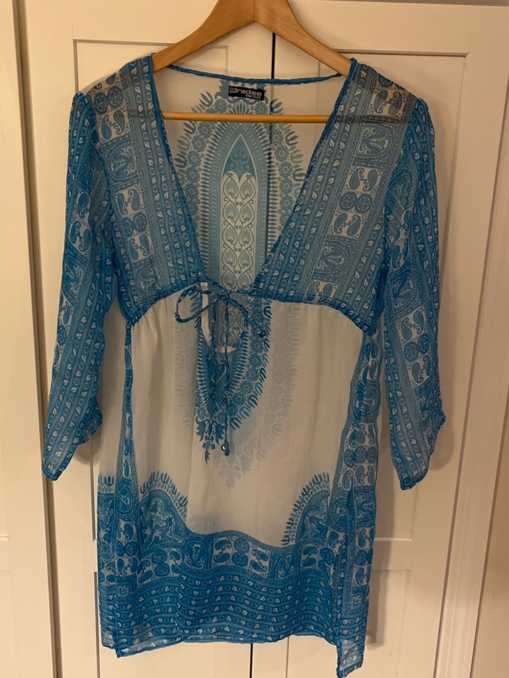 Boho Blue Paisley V-Neck Tie-Front Tunic